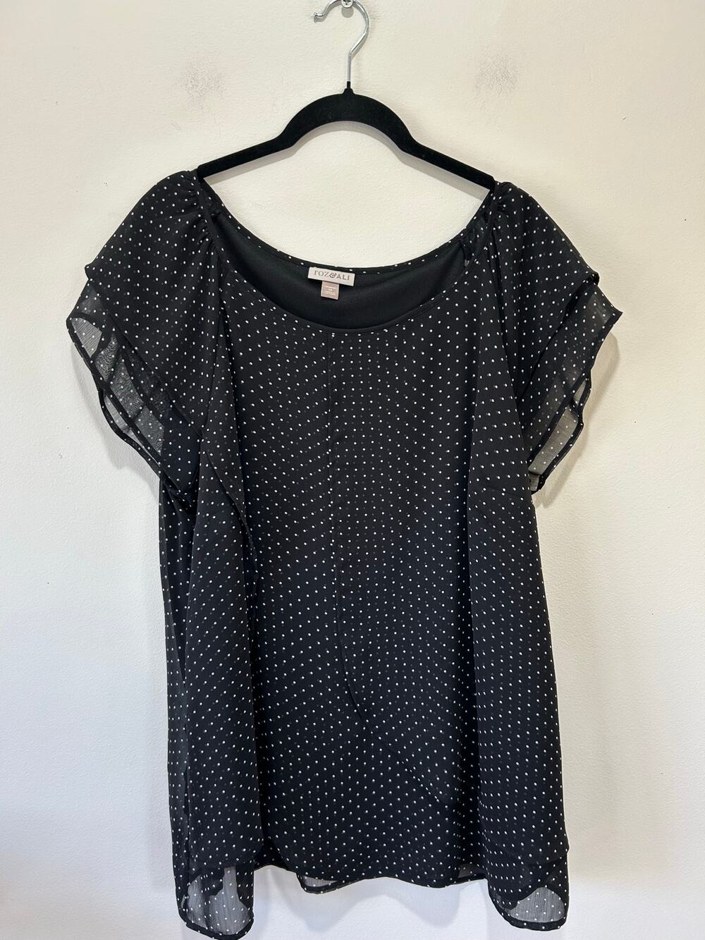 Roz & Ali black white polka dot blouse womens 1X flutter sleeve casual work